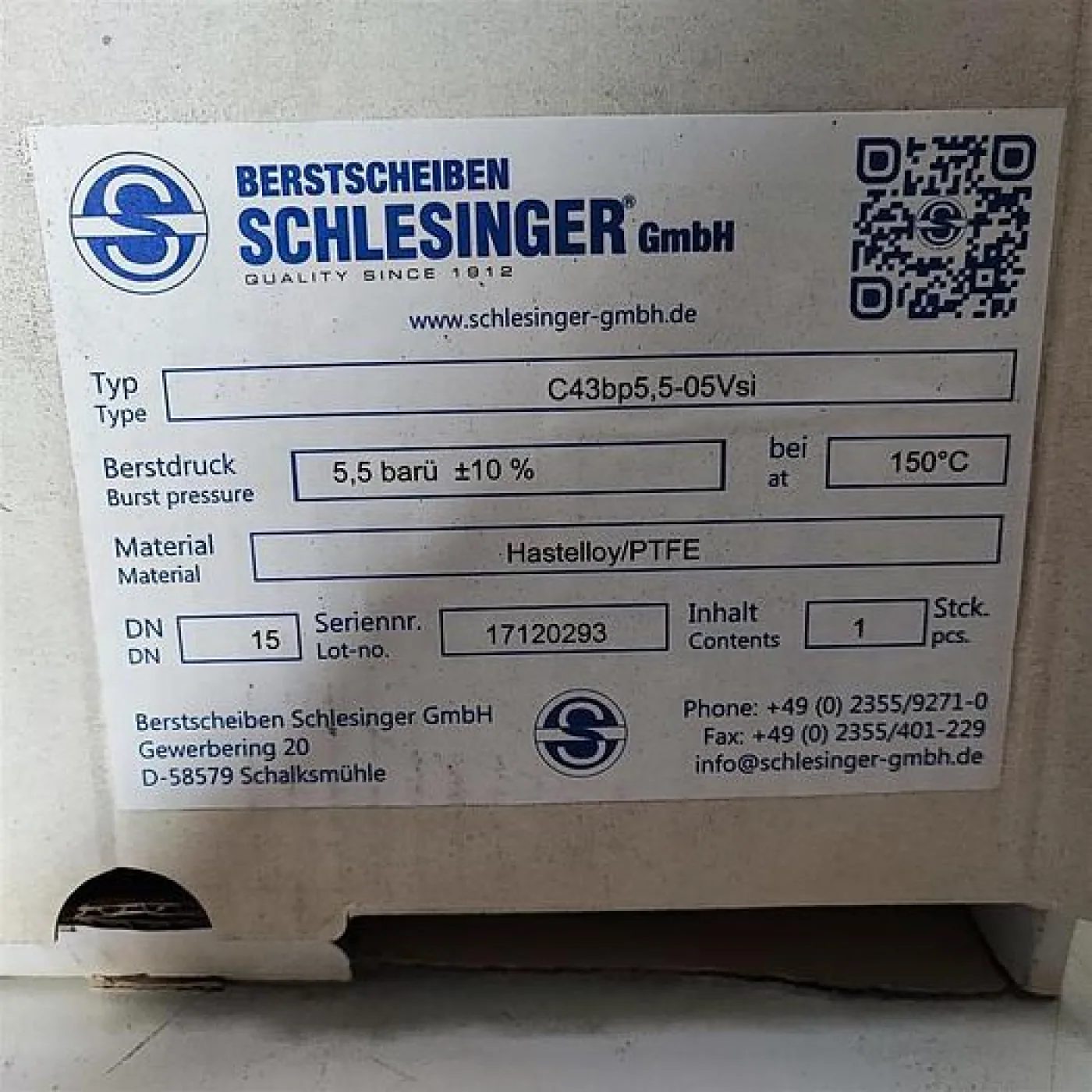 SCHLESINGER Berstscheiben C43bp5,5-05Vsi Berstdruck: 5,5 barü ±10% Hastelloy/PTFE DN15 - 1