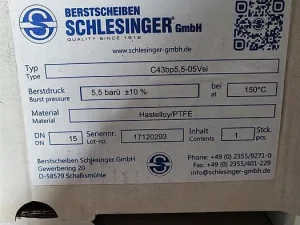 SCHLESINGER Berstscheiben C43bp5,5-05Vsi Berstdruck: 5,5 barü ±10% Hastelloy/PTFE DN15