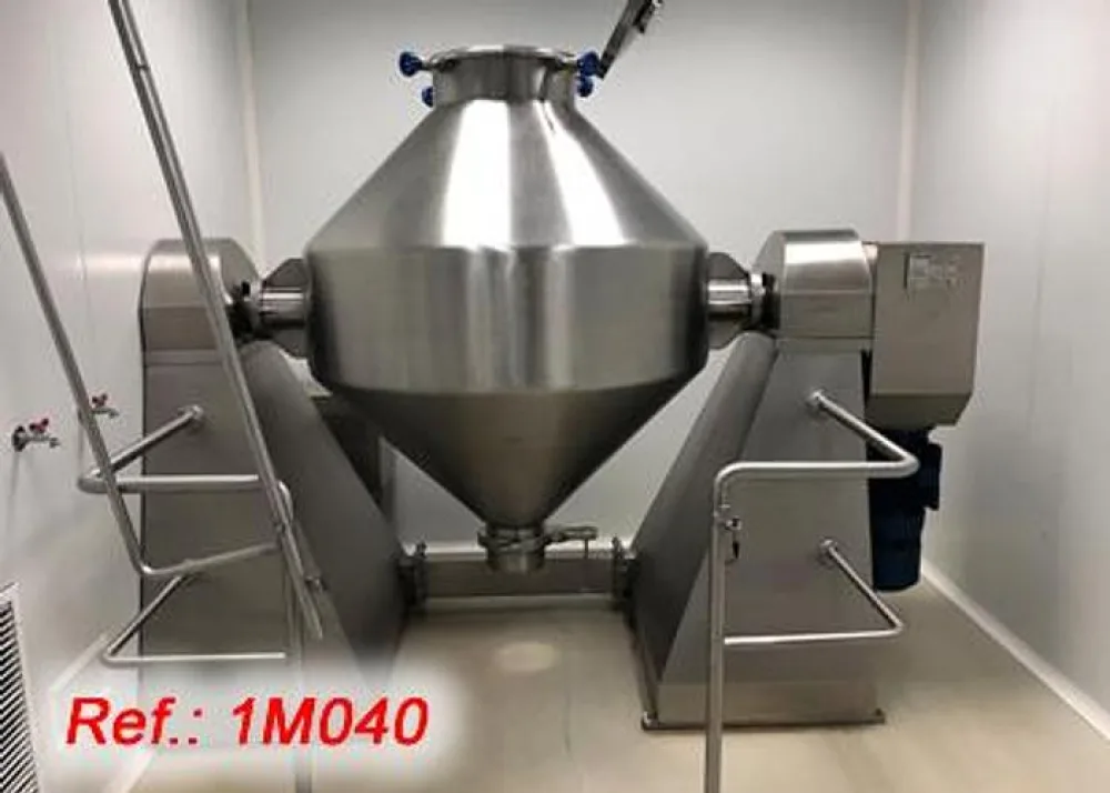 MEZCLADOR BICÓNICO “SILASE” DE ACERO INOXIDABLE DE 1.000 LITROS APROX. CON PIES SOPORTE CON HIDRAÚLICO DE LEVANTAMIENTO DEL MEZCLADOR BICÓNICO PARA SU VACIADO A DEPÓSITOS, CUADRO ELECTRÓNICO DE CONTROL Y PROTECCIONES