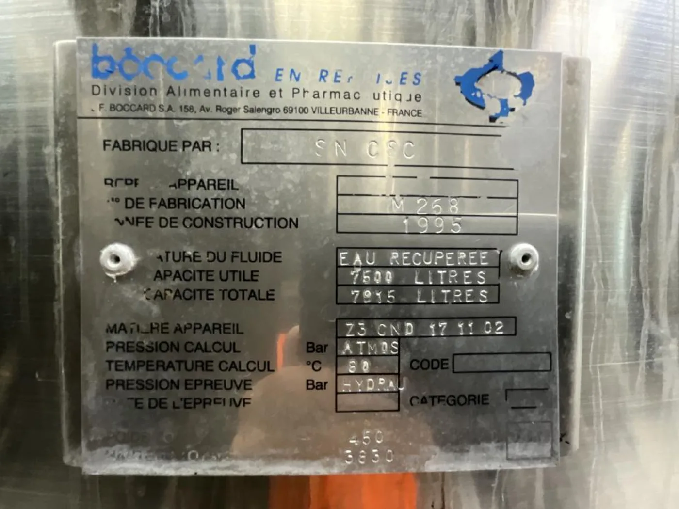1996 Boccard Boccard 7500 Litre Stainless Steel Vertical Recovered Water Storage Tank - S - 7