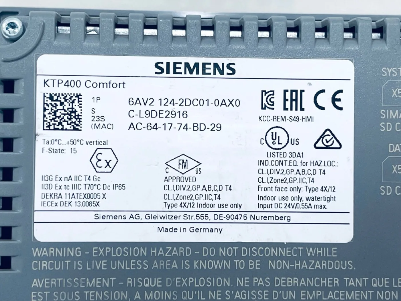 Siemens SIMATIC HMI KTP400 Comfort 6AV2124-2DC01-0AX0 - 3
