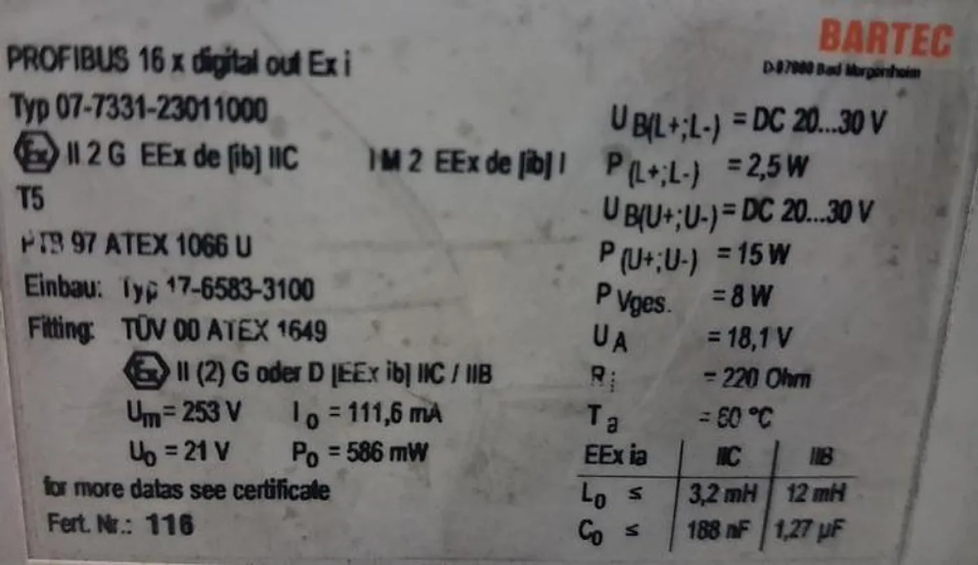 Bartec Modex PROFIBUS DP-Modul mit DP-Adresse 24 ist ein digitales Ex-i Ausgangsmodul - 8